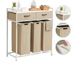Casayali® TrioSort Wasmanden 150 Liter - Wasmand 3 Vakken - Uitschuifbare Wassorteerder met Laden - Crème — afbeelding 1
