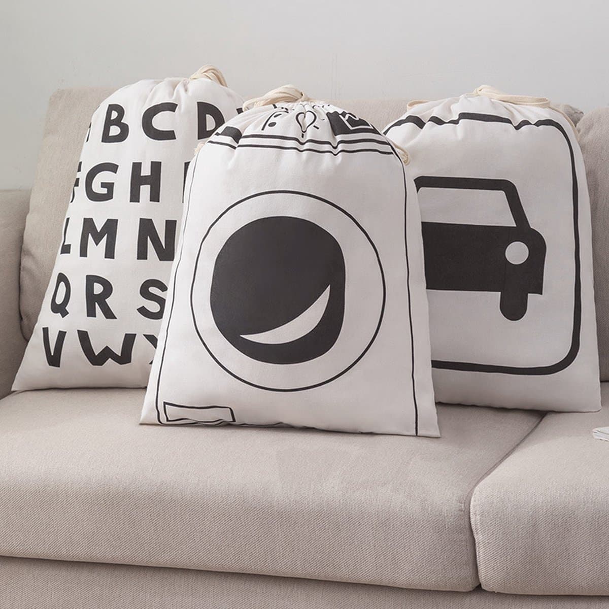 Set van 3 grote Stijlvolle Linnen Opbergzakken met Trekkoord - 80x60 cm - 226 Liter - Alfabet, Wasmachine en Auto Design — afbeelding 1