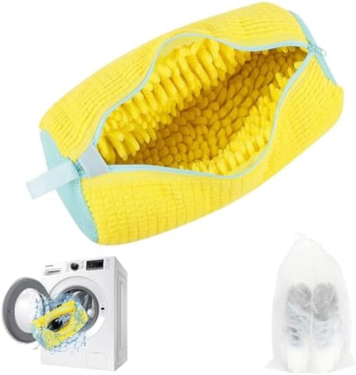 Schoenenzak, waszak, schoenwaszak, schoenen waszak, met 360° reinigingsdons en ritssluiting, herbruikbare netschoenen, waszak, schoen voor wasmachine en droger (geel) — afbeelding 1