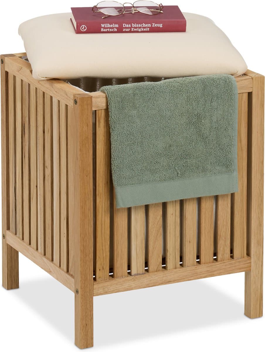 wasmand met zitje - 30 l - hout en stof - 51 x 38 x 38 cm - badkamerkruk — afbeelding 1