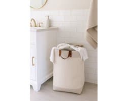 Webzon – Wasmand – Wasmanden – Wasmand inklapbaar – Opvouwbare Wasmand – 30 × 35 × 55 cm – Engels design – Jute stof met leren handvatten – Opbergmand – Opvouwbaar en ruimtebesparend – Glanzend beige