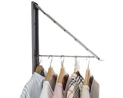 Wandgemonteerd kledingrek, uitschuifbaar en inklapbaar, boren niet nodig, te gebruiken voor het organiseren en opbergen van wasgoed in de wasruimte, ook geschikt voor studentenkamers, kledingkasten, balkons en wasruimtes. 1 stuk.