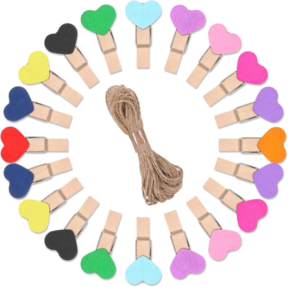 Pack of 50 Kleine Houten Klemmen - Mini Hart Clips met 10 m Jute Touw - Kleurrijke Kleine Kleding Klemmen voor Foto's en Postkaarten - 3.5 x 0.8 cm - Multi-Functionele Mini Clips — afbeelding 1