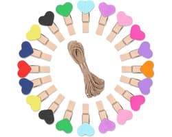 Pack of 50 Kleine Houten Klemmen - Mini Hart Clips met 10 m Jute Touw - Kleurrijke Kleine Kleding Klemmen voor Foto's en Postkaarten - 3.5 x 0.8 cm - Multi-Functionele Mini Clips