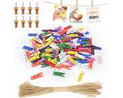 168 Stuks Mini Houten Knijpers voor Foto's met Jute Koord - Ideaal voor Bruiloft Decoratie en DIY Fotowand