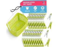 Ecoline Wasknijpers met Mand - 48 Stuks - Groene en Witte Knijpers voor Duurzaam Huishouden