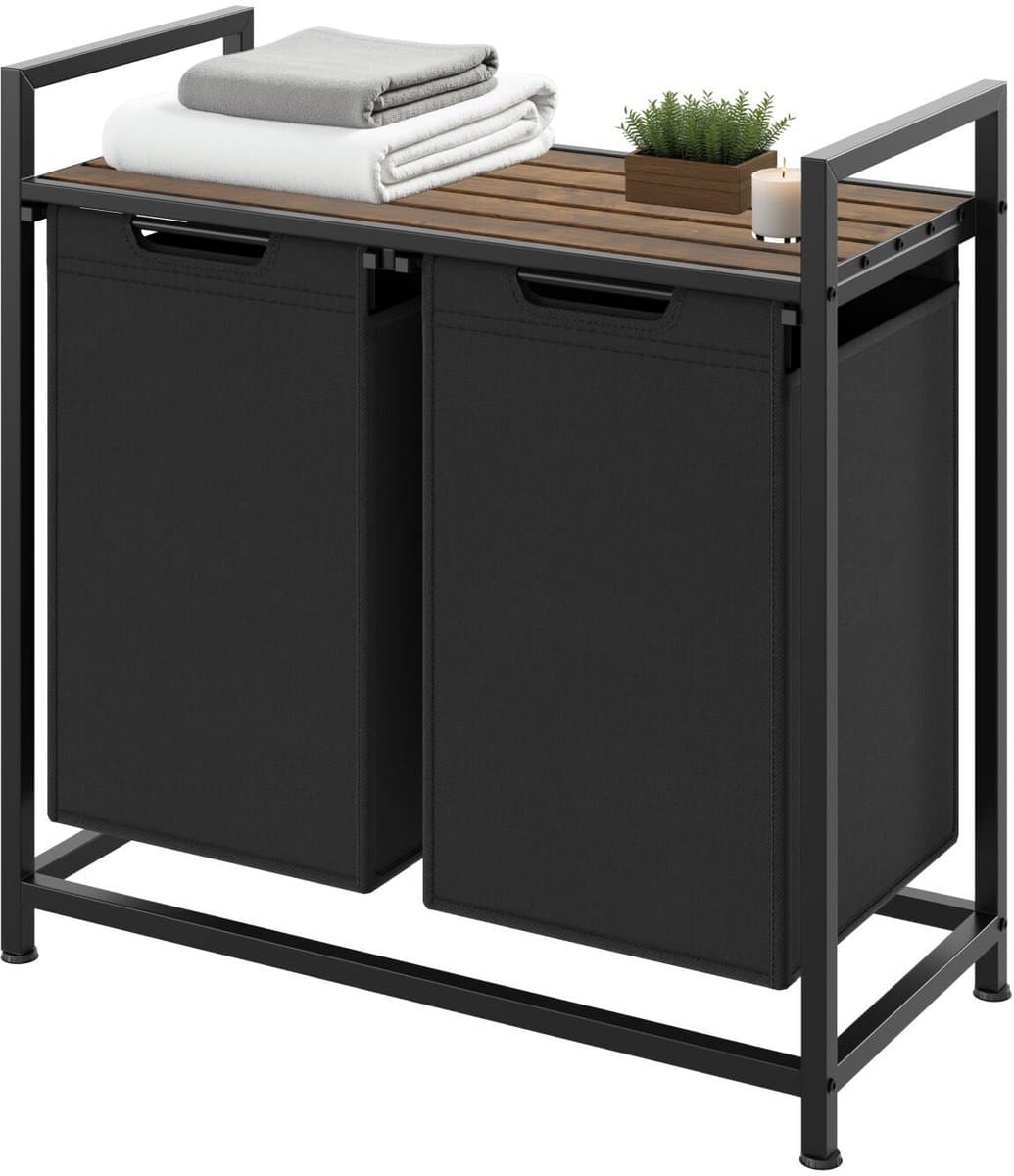 tectake® Wassorteerder - Wasmand met 2 vakken en deksel - Industriële stijl - Uittrekbare vakken - In hoogte verstelbare kunststof voetjes - Wasbox - Waskorf - 34x74x72cm — afbeelding 1