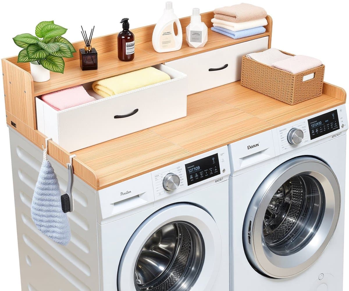 Werkblad voor Wasmachine en Droger - Opzetblad - Afmeting 137 x 69,9 cm - Met Opbergplank - Twee Lades - Haken - Draagvermogen 113 kg - Naturel Hout — afbeelding 1