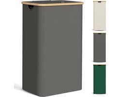 Candala Wasmand met deksel, 85 liter, wasverzamelaar, smal, met waszak, grote opvouwbare wasmand, hout, bamboe, wasmand, hoge wasmand, donkergrijs