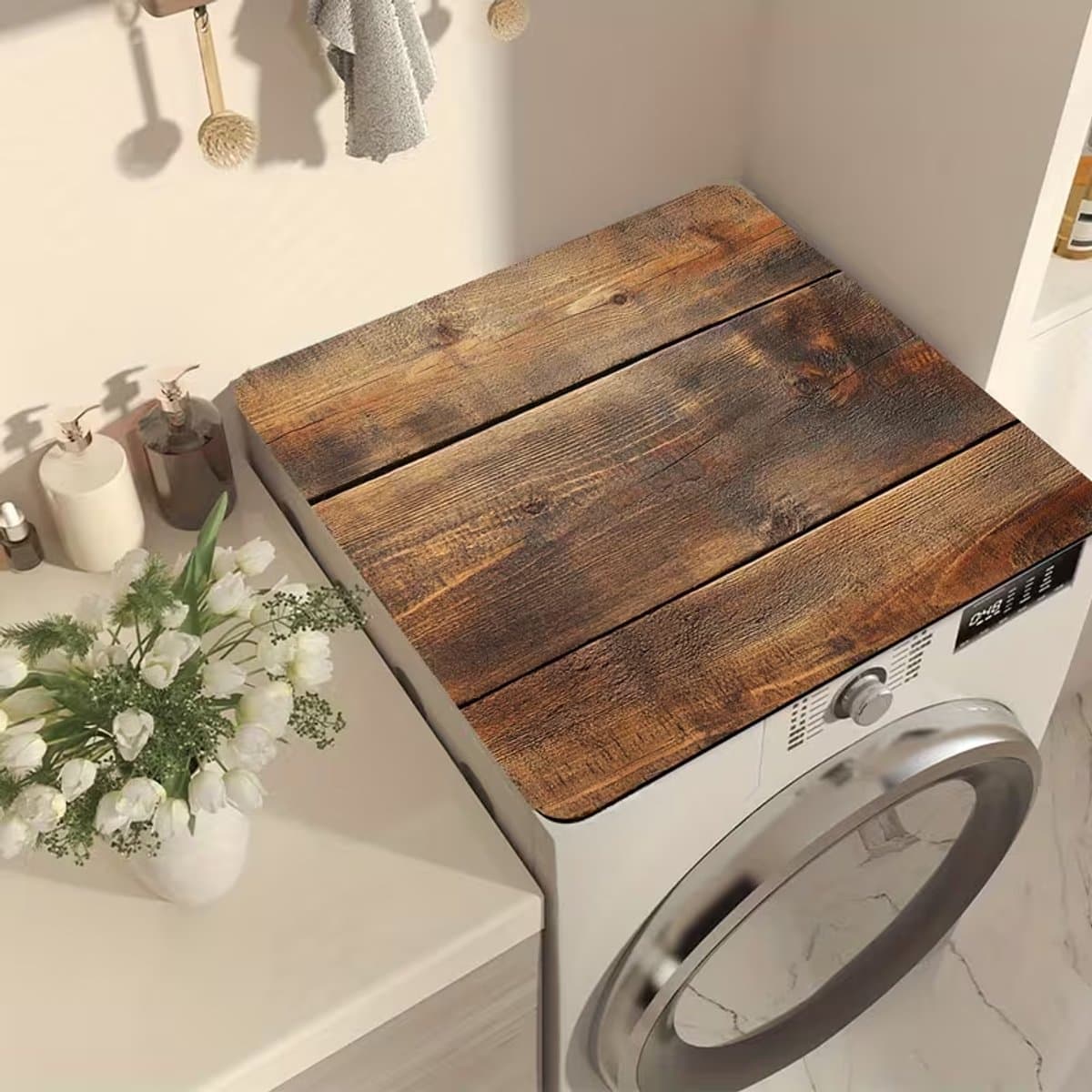 Lichtbruine multifunctionele mat met eikenhoutnerf en diatomeeënaarde - Antislip, sneldrogende hoes voor wasmachine en droger voor een modern interieur | Krasbestendige hoes, bescherming voor de wasmachine-50cm x 60cm — afbeelding 1