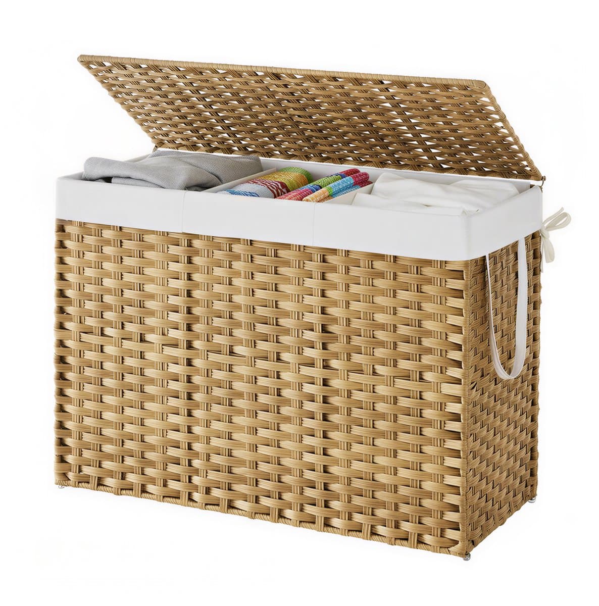 SONGMICS - Wasmand - Wasmand met 3 Vakken - Opvouwbare Rattan Wasmand - Met Deksel en Handvatten — afbeelding 1