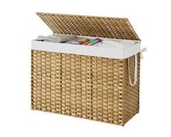 SONGMICS - Wasmand - Wasmand met 3 Vakken - Opvouwbare Rattan Wasmand - Met Deksel en Handvatten