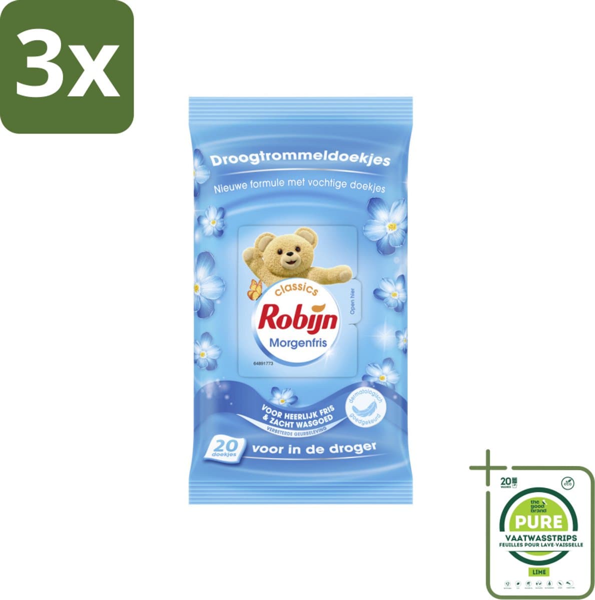 3 x Robijn Droogtrommeldoekjes Morgenfris 20 stuks per verpakking - Grootverpakking - Droogtrommeldoekjes - Wasgoed Drogen - Frisse Geur - Wasgoed Verzorgen - Kleuren Beschermen — afbeelding 1