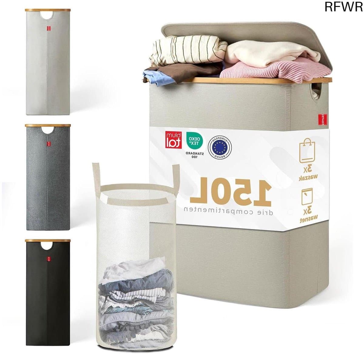 RFWR® Wasmand met 3 Uitneembare Zakken en Deksel - Smalle Bamboe Wasbox voor Efficiënte Sortering en Statiegeldflessen - Beige — afbeelding 1