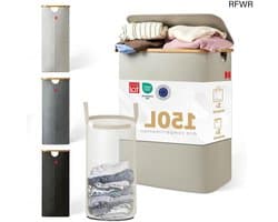 RFWR® Wasmand met 3 Uitneembare Zakken en Deksel - Smalle Bamboe Wasbox voor Efficiënte Sortering en Statiegeldflessen - Beige