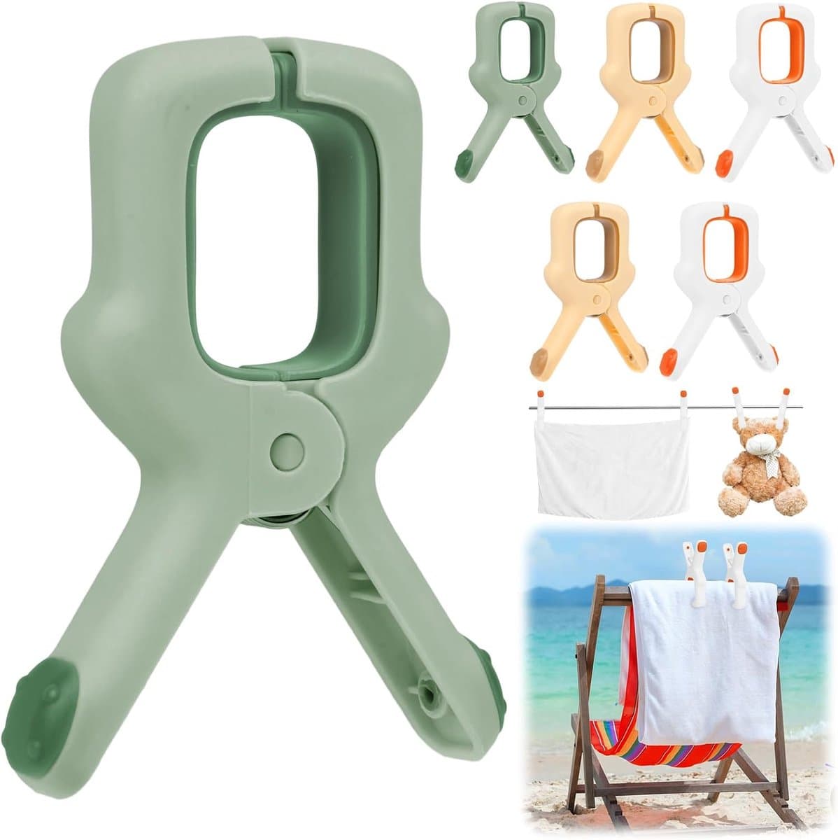 6-pack - Plastic strandlakenklemmen in drie kleuren - Grote winddichte kledingklemmen - Perfect voor ligbedden / zwembadstoelen / dekenklemmen - Oranje, wit, lichtgroen, kaki — afbeelding 1