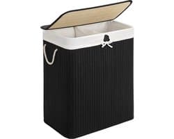 Bamboe Wasmand, 100 L Wasbak, Wasmand Met 2 Compartimenten, Wassorteerder Met Deksel En Verwijderbare Waszak, Katoenen Handgrepen, Zwart