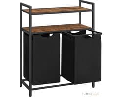 Wasmand - Wasverzamelaar met 2 compartimenten - 2 planken - Uitschuifbare en verwijderbare waszakken 2x46L - Voor badkamer en wasruimte - Vintage bruin-zwart