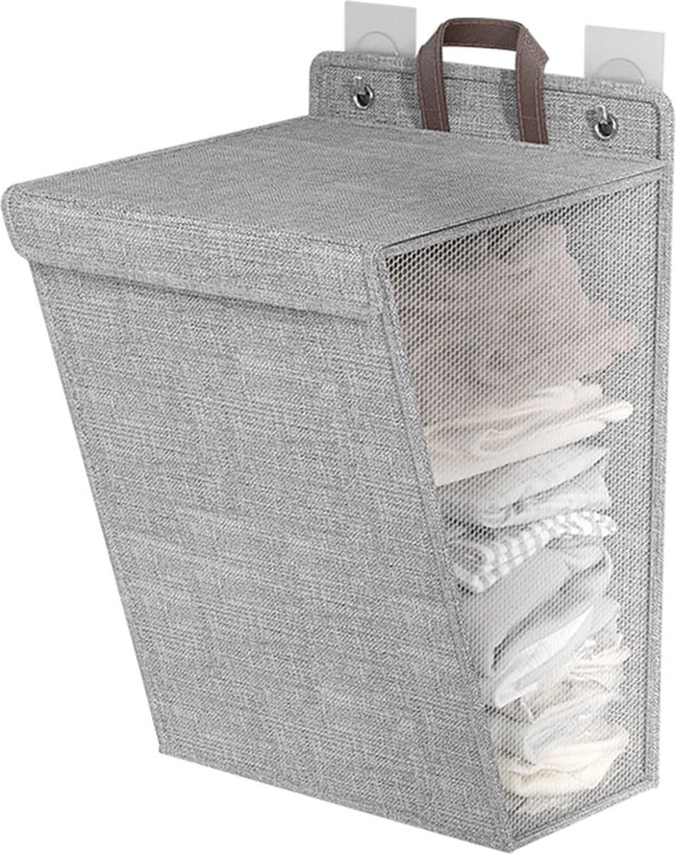 iBright hangende wasmand met Deksel - Inklapbare waszak - 60 Liter - Inclusief Muurbevestiging - Grijs — afbeelding 1