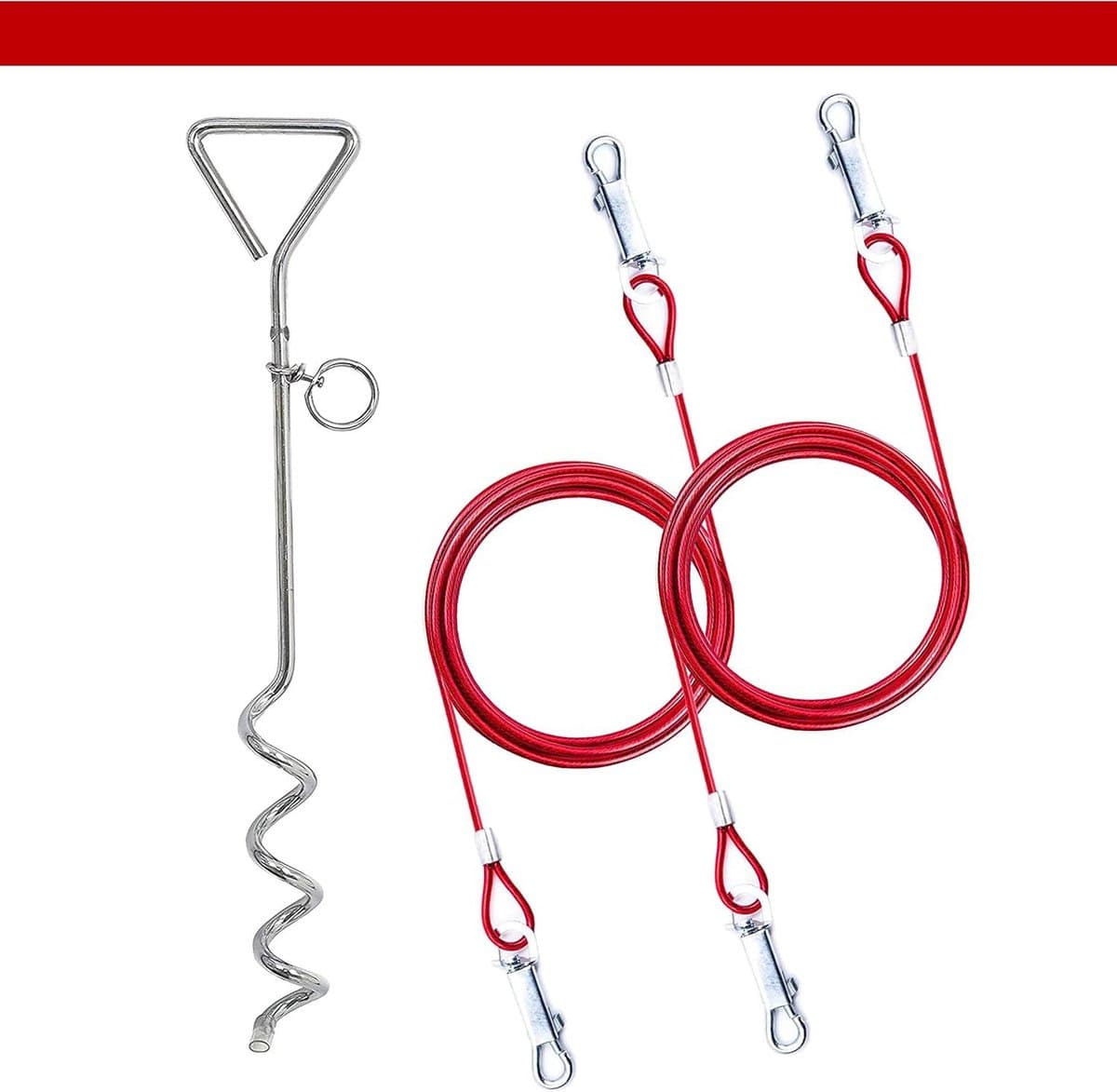 Grondanker hond - 18 meter Hondenkettingen voor buiten - Hond Tie Out Kabel - Heavy Duty Ground Spike Stake - Hond Tether Outdoor - Hond Camping Accessoires - Kabel & Spel - 6 ft - Rood Grondanker hond — afbeelding 1