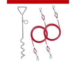 Grondanker hond - 18 meter Hondenkettingen voor buiten - Hond Tie Out Kabel - Heavy Duty Ground Spike Stake - Hond Tether Outdoor - Hond Camping Accessoires - Kabel & Spel - 6 ft - Rood Grondanker hond