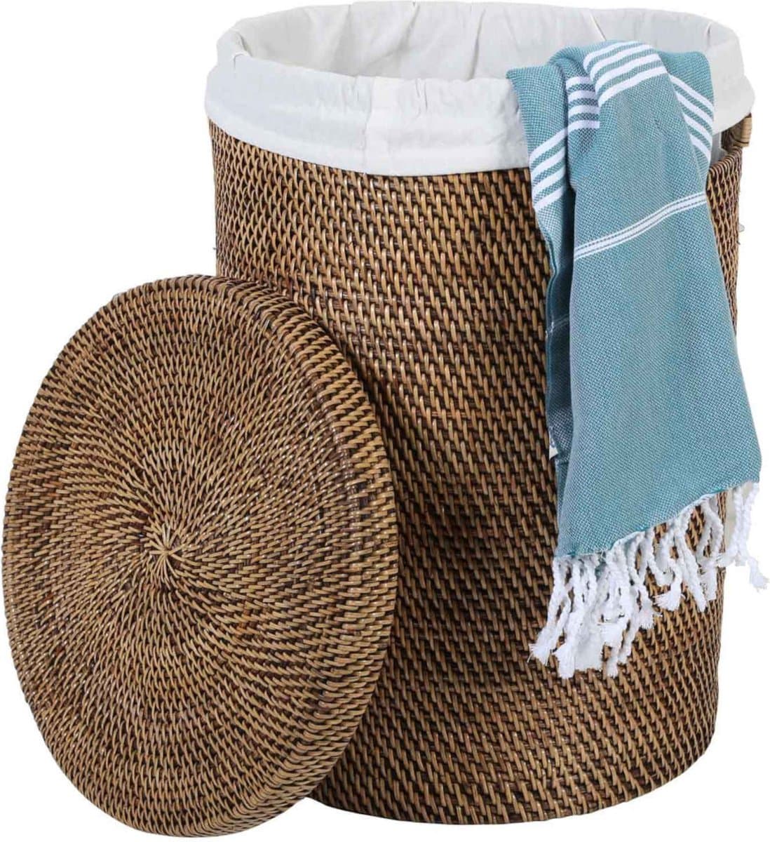 Rotan wasmand – Ronde wasbox met deksel en binnenzak – Opbergmand – Cleo Bruin — afbeelding 1