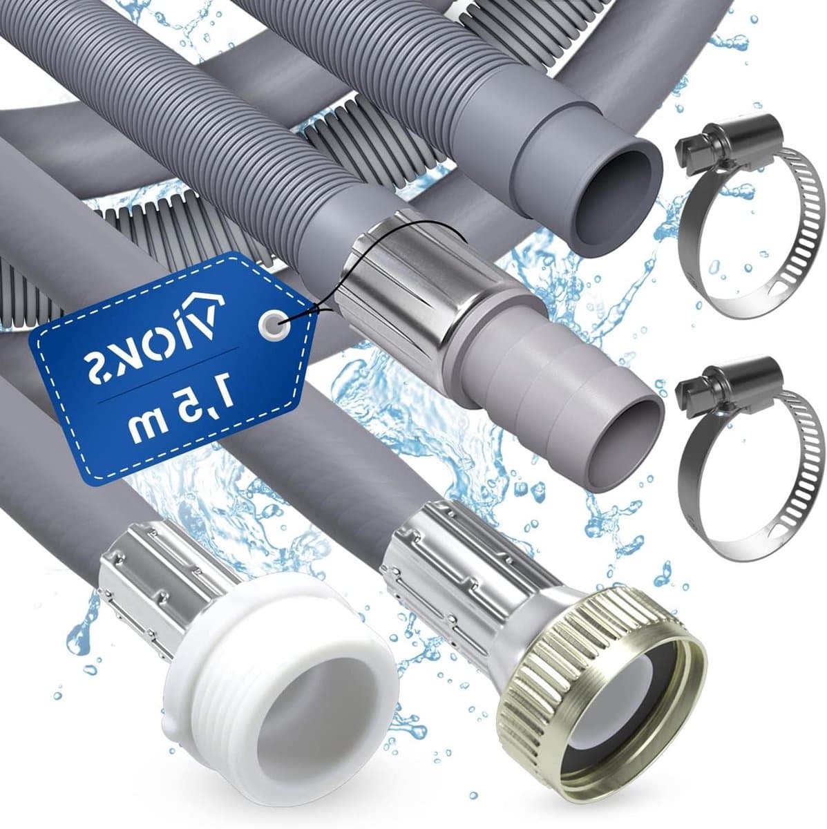 Toevoerslang- en afvoerslangverlenging set voor wasmachine en vaatwasser - 15m afvoerslangverlenging - 2x slangklem - verlengslang voor wasmachine-aansluiting — afbeelding 1