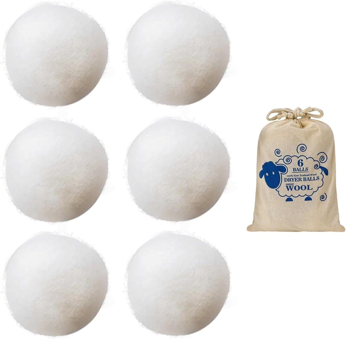 6 stuks woldroogballen, 1 stuk katoenen zak, ecologische droogballen, duurzaam gebruik, droogballen, viltballen, kleding is pluizig en zacht, geschikt voor de droger (wit) — afbeelding 1