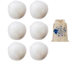 6 stuks woldroogballen, 1 stuk katoenen zak, ecologische droogballen, duurzaam gebruik, droogballen, viltballen, kleding is pluizig en zacht, geschikt voor de droger (wit)