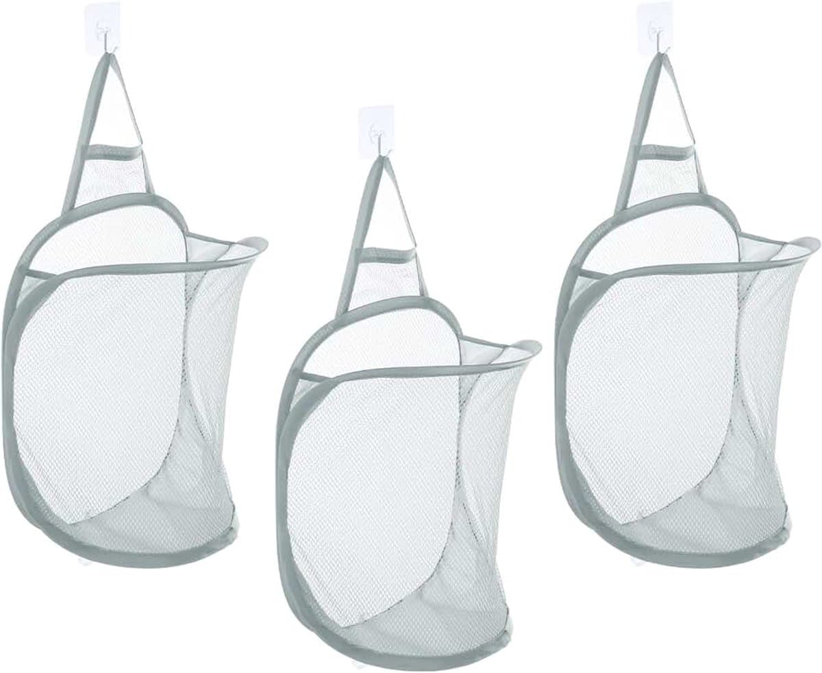 3 stuks hangende waszak, opvouwbare mesh-wasmand met haken voor het opbergen van vuile kleding thuis, campinguitstapjes, hotelgebruik, grijs — afbeelding 1