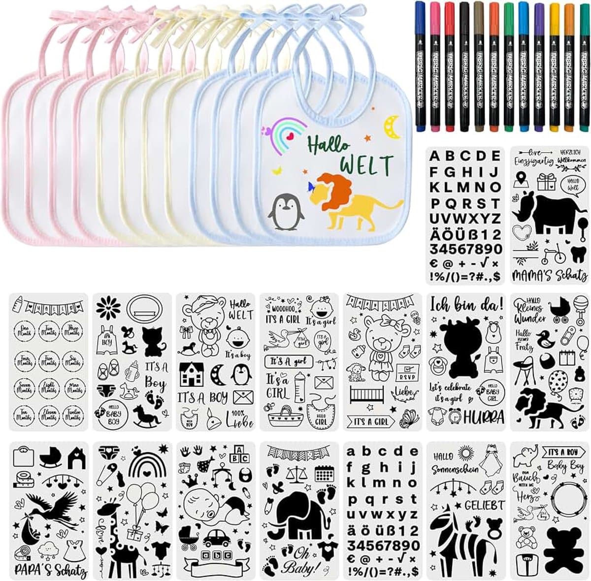 12 stuks slabbetjes voor baby's met 16 tekensjablonen, 12 textielstiften, babyshower, decoratiespel, waterdichte slabbetjes voor baby's, jongens en meisjes, babyborrel — afbeelding 1