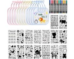 12 stuks slabbetjes voor baby's met 16 tekensjablonen, 12 textielstiften, babyshower, decoratiespel, waterdichte slabbetjes voor baby's, jongens en meisjes, babyborrel