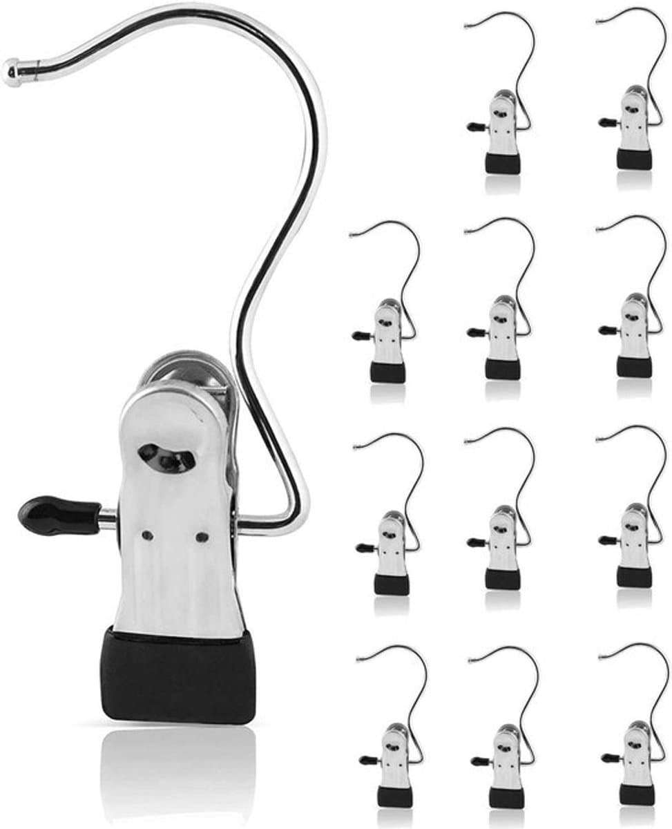 12-delige RVS waslijnhaakclips - draagbare kledingclips voor op reis, geschikt voor kleding, schoenen, handdoeken en overige items om op te hangen — afbeelding 1