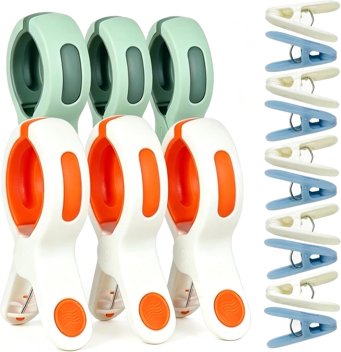 Set van 16 handdoekklemmen voor strand- en ligstoelen, stabiele badhanddoekclips, veelzijdige strandhanddoekklemmen voor kleding, dekens, beddengoed, camping en tuin (6 x groot, 10 x klein) — afbeelding 1
