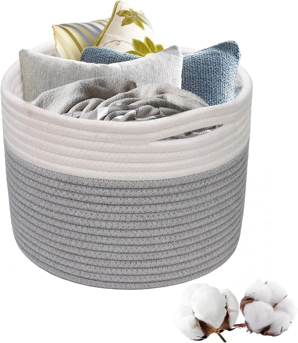 Wasmand van geweven katoen, mand van katoenen touw met handgrepen, stapelbare opbergmand, wasmand voor kleding, speelgoed, wasgoed, woonkamer, slaapkamer (grijs en wit) — afbeelding 1