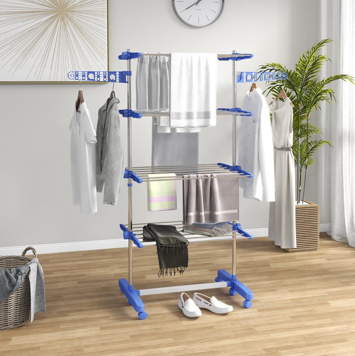 COVREO Droogtoren 142x55x172 cm blauw, roestvrij staal met 6 wielen — afbeelding 1