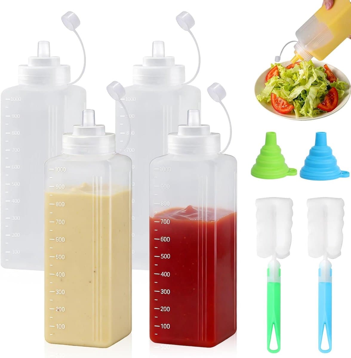 Knijpflessen brede hals, 1000 ml, sausfles met 2 flessenborstels en 2 trechters, doseerfles voor ketchup, warme sauzen, grillen, saladesauzen, olie — afbeelding 1