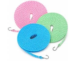 Kaiyaya - 3 Stuks Waslijn - Met Haken Waslijndraad - Draagbaar Windbestendig - Set van 3 Waslijn - Blauw Groen Roze 3 x 10 Meter