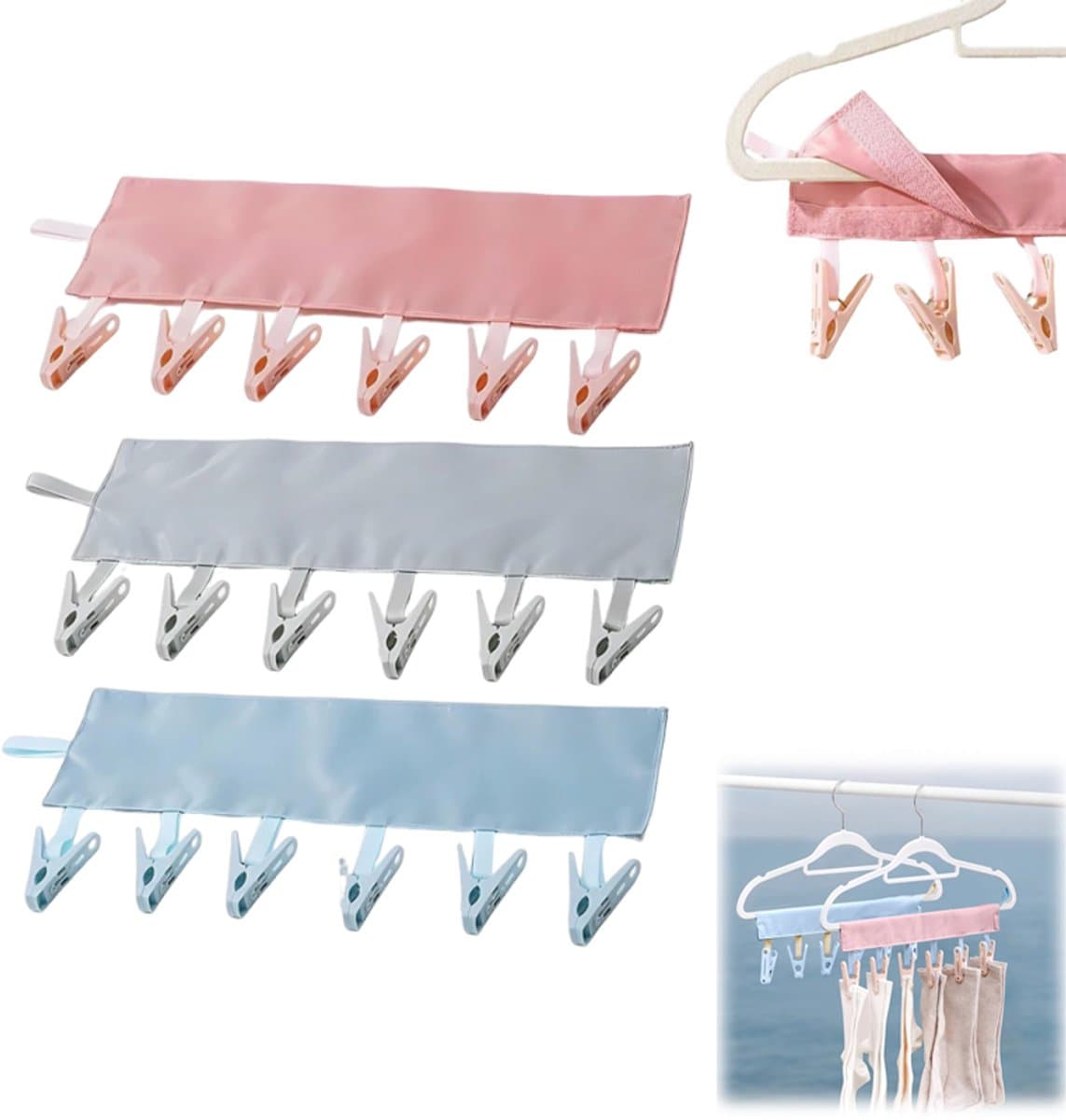 3 Stuks - Wasknijpers - Waslijndraad - Waslijn met 6 Knijpers - Ruimtebesparende Kledinghanger met 6 Clips – 34cm - Roze + Grijs + Blauw - Reis Waslijn voor Sokken, Ondergoed en Kleine Kleding – Binnen & Buiten — afbeelding 1