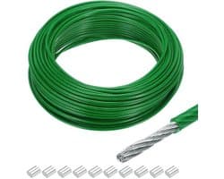 - Kabel - 30 m - Voor het ophangen van lampen en decoraties - Groen - Geschikt voor tuin en feesten - Inclusief 10 aluminium sleeves