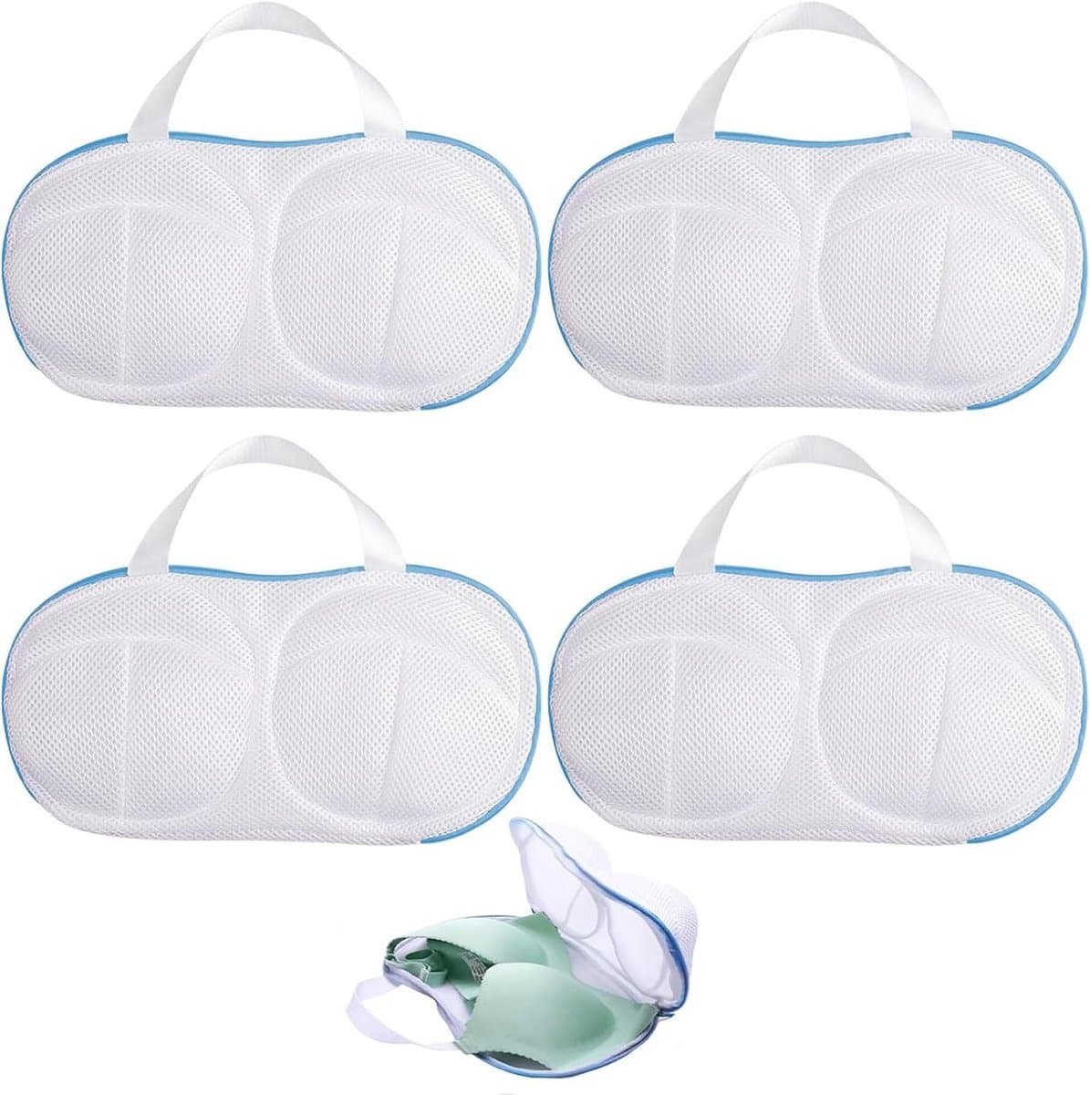Wäschenetz Set - BH Netzen voor Wasmachine - 4 Stuks 28x18 cm - Rits en Honeycomb Design - Voor Ondergoed en Reizen - Wit met Blauwe Rand — afbeelding 1