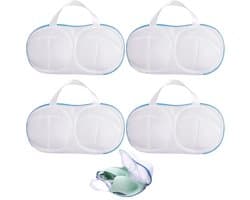 Wäschenetz Set - BH Netzen voor Wasmachine - 4 Stuks 28x18 cm - Rits en Honeycomb Design - Voor Ondergoed en Reizen - Wit met Blauwe Rand