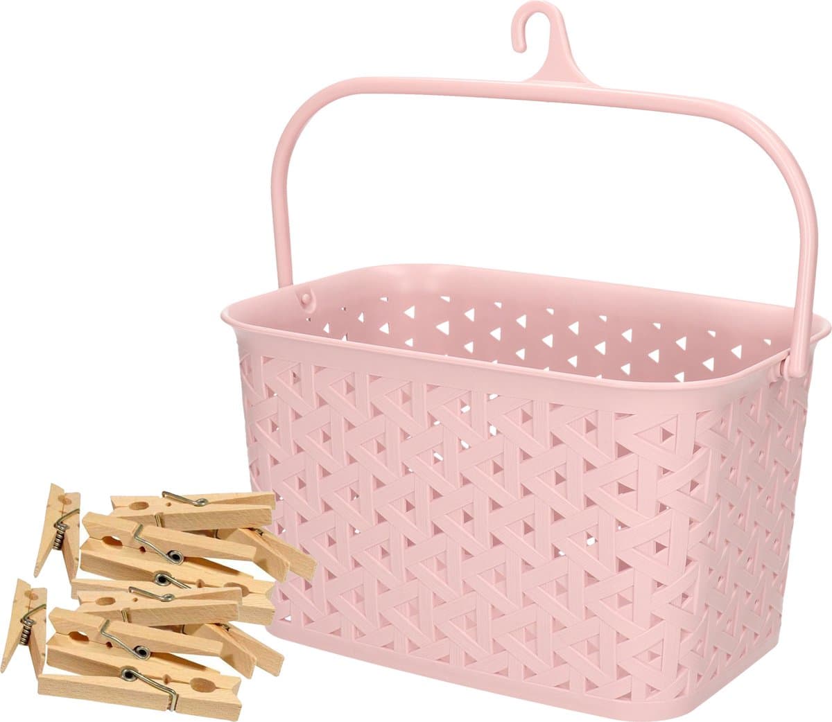 Wasknijpers mandje met ophanghaak - roze - gevuld met 96x houten wasknijpers van 7 cm - was ophangen — afbeelding 1