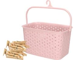 Wasknijpers mandje met ophanghaak - roze - gevuld met 96x houten wasknijpers van 7 cm - was ophangen