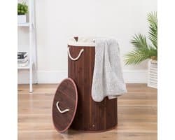 Grote Ronde Bamboe Wasmand met deksel - 80 L - Wasmand 1 Vak met stoffen waszak - Opvouwbaar - Wassorteerder Rond