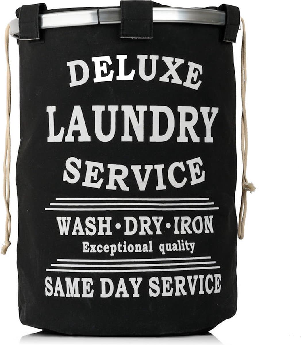 Wasmand 50L - Rond - Tekst Deluxe Laundry Service -> Same Day Service- Badkamer - Wasmand afsluitbaar - Waszak - Zwart — afbeelding 1