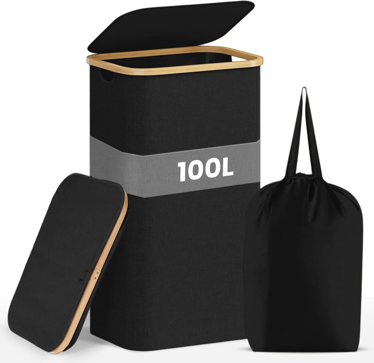 Nolad - Wasmand - Wasmand met deksel - Uitneembare waszak - Opvouwbaar - 100L - Zwart — afbeelding 1