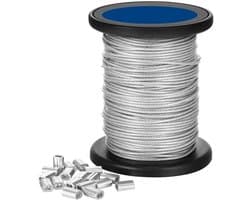 Staalkabel Set - Waslijn Staaldraad - Huishoudelijk Gebruik - PVC Gecoat - 50 meter - Zilverkleurig