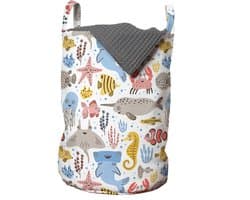 ABAKUHAUS onderwaterwaszak, doodle zeedierenmotief, wasmand met handgrepen, trekkoordje voor wasserettes, witte meerkleurige wasmand