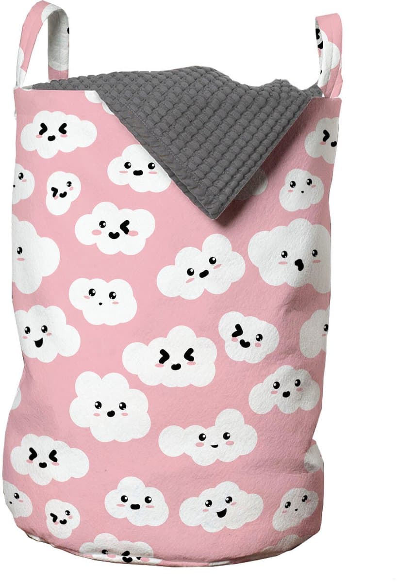 ABAKUHAUS Cloud waszak, pluizige cumulus cartoon, wasmand met handvatten trekkoord voor wasserettes, lichtroze cola grijs — afbeelding 1